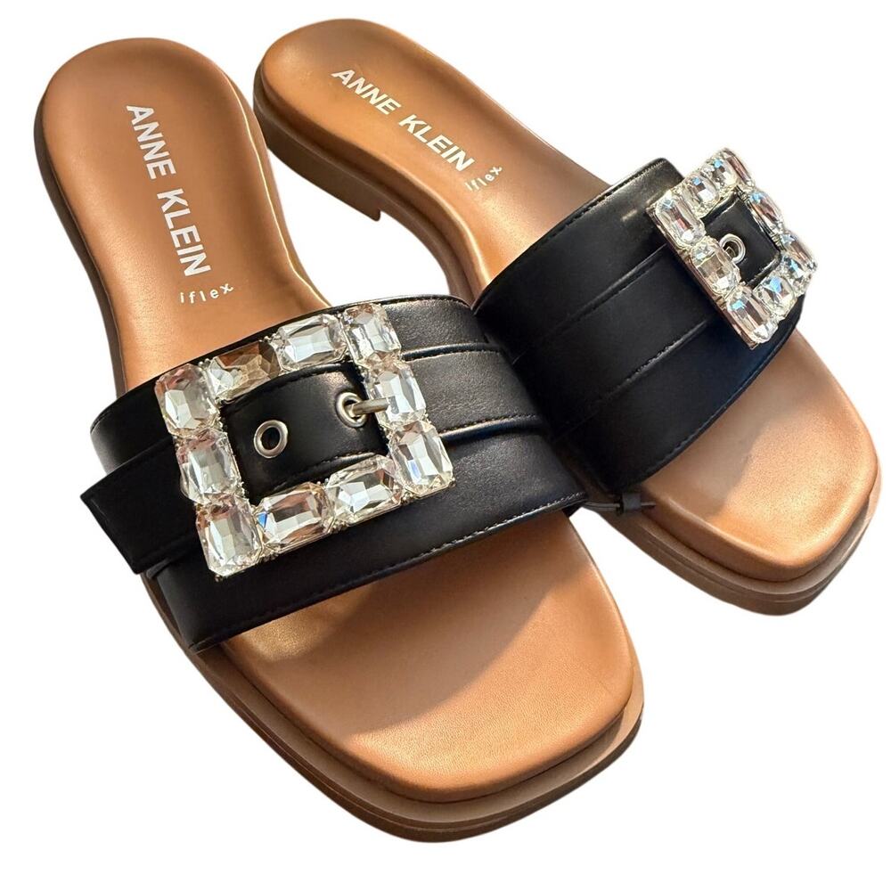 New Anne Klein Women's Capara Open Toe Flat Sandals Black Smooth Size 7.5